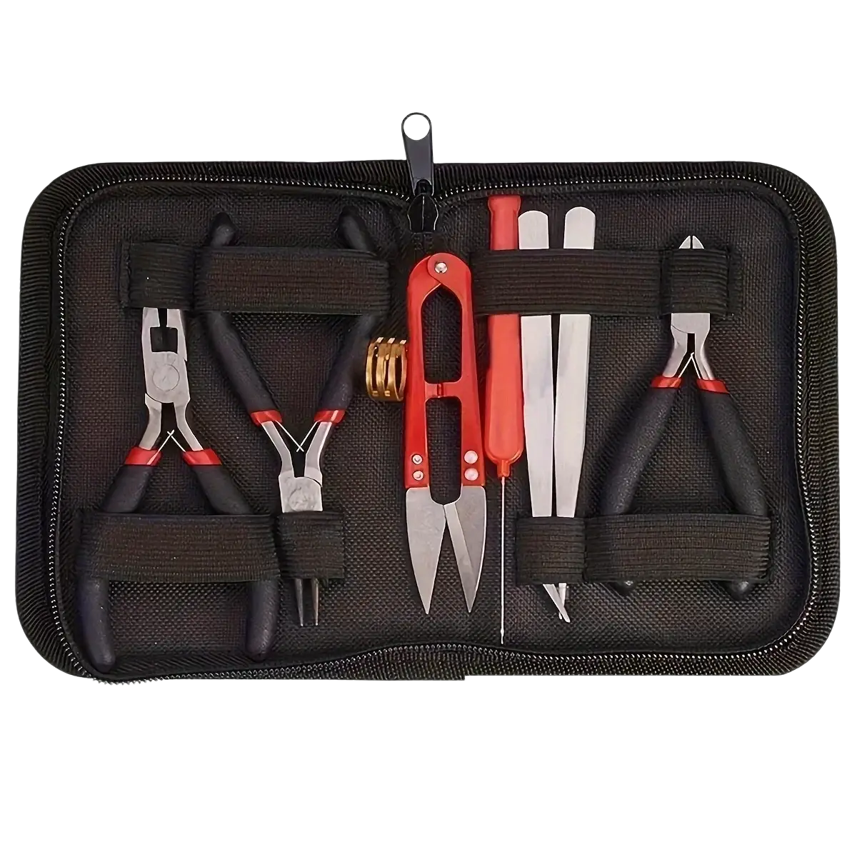 Diy jewelry making tool set 8-piece kit with black and red zippered case and stainless steel implements organized inside