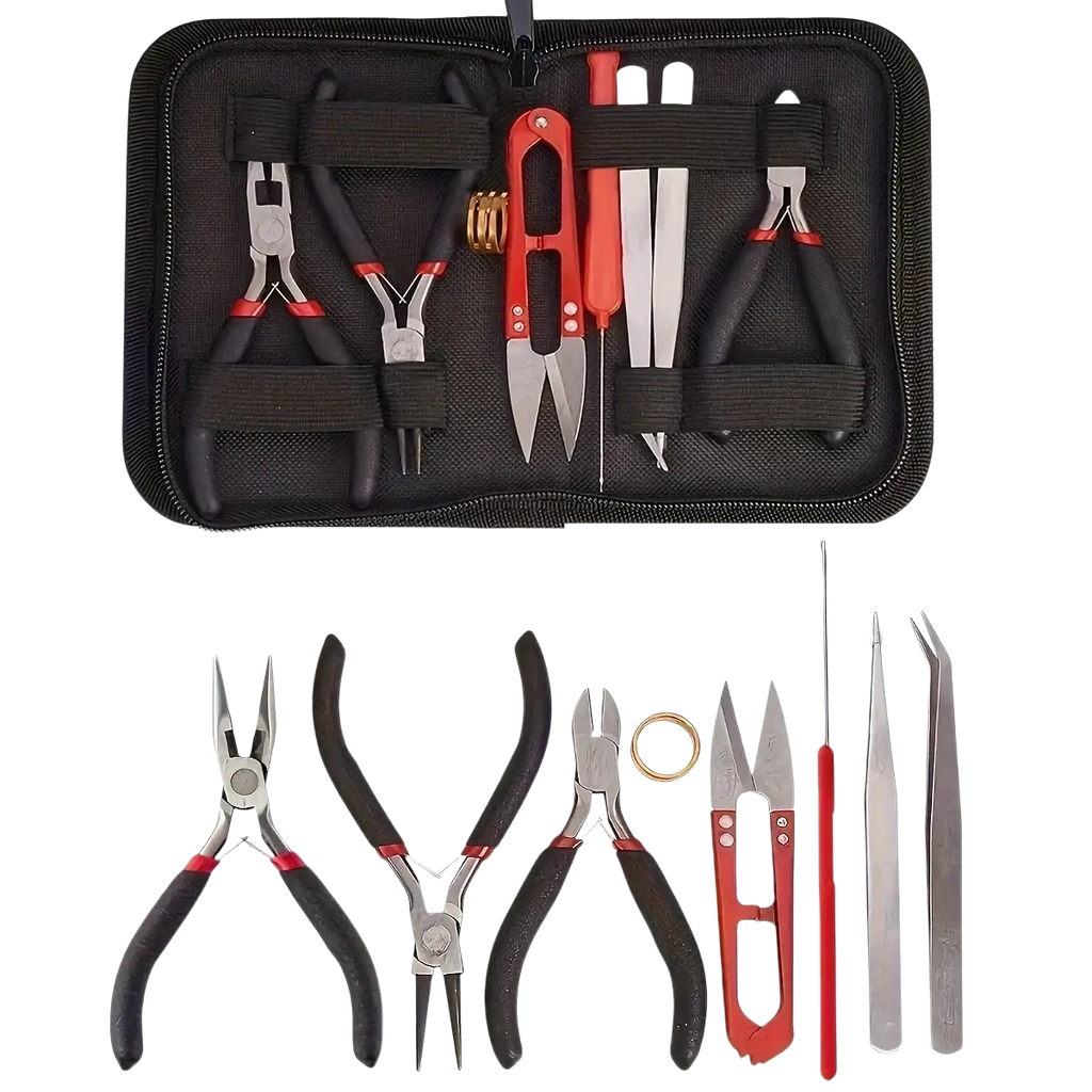 Diy jewelry making tool set 8-piece kit with black and red zippered case and stainless steel implements neatly organized