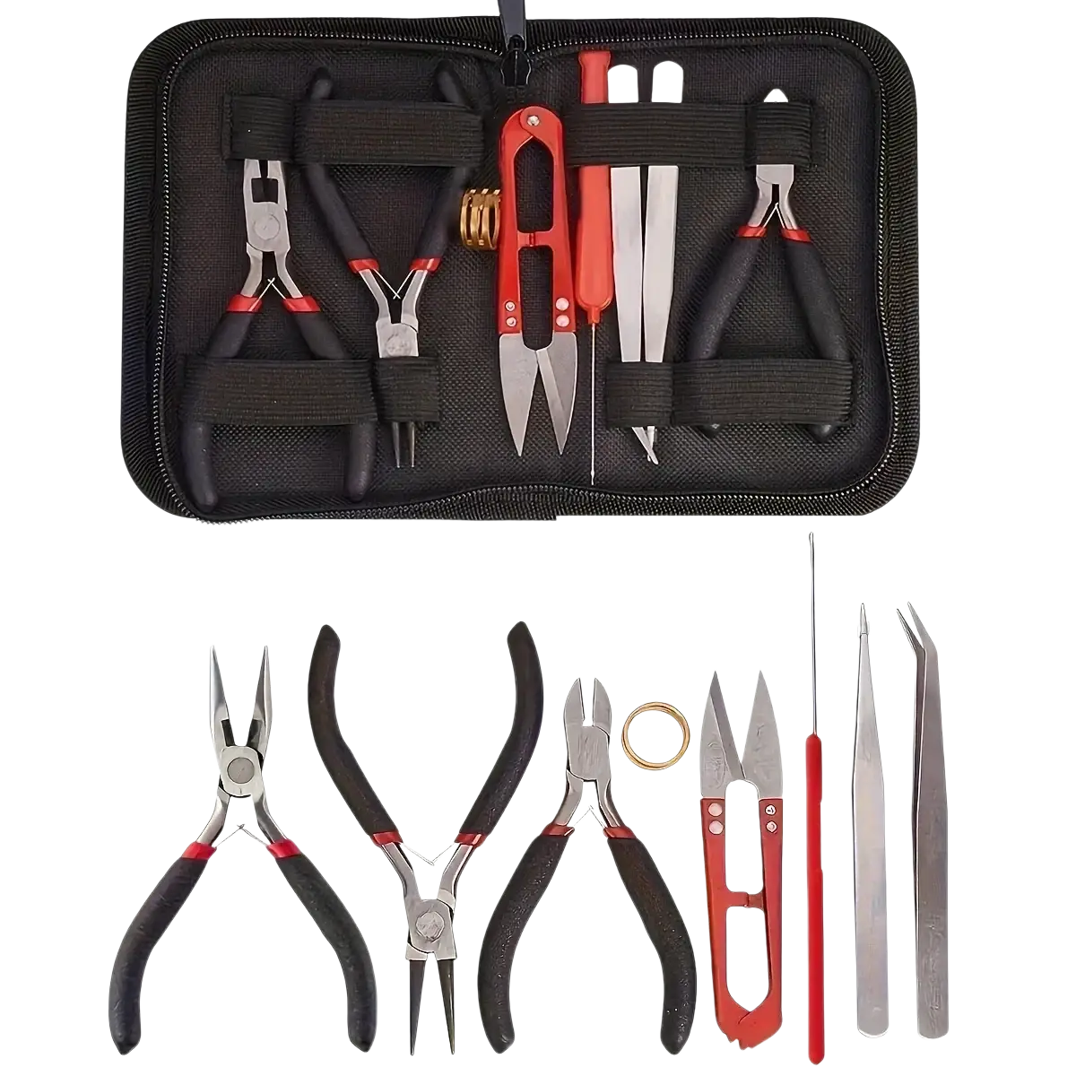 Diy jewelry making tool set 8-piece kit with black and red zippered case and stainless steel implements neatly organized