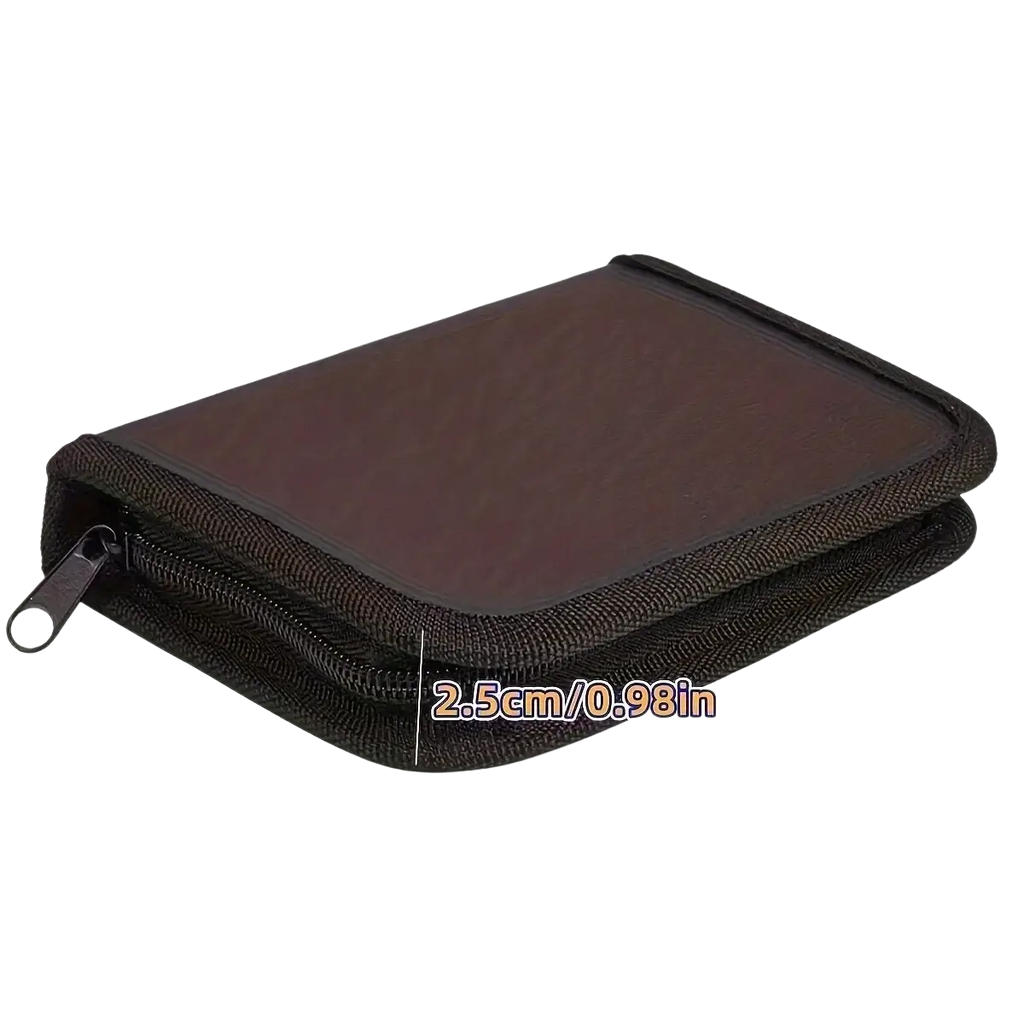 Black zippered diy jewelry making tool set organizer with textured fabric exterior and smooth dark brown interior lining