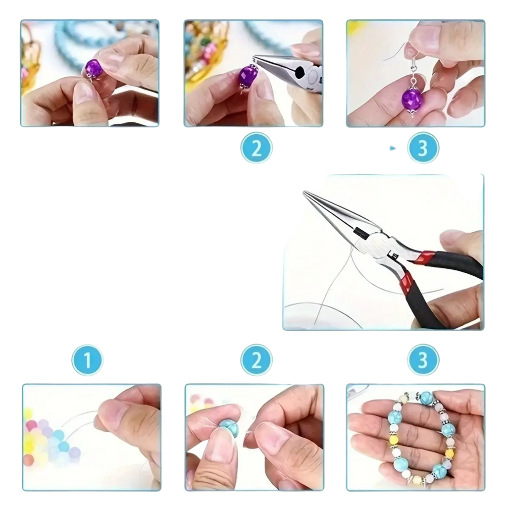 Diy jewelry making tool set 8-piece kit using pliers to attach a purple faceted bead to wire for craft projects