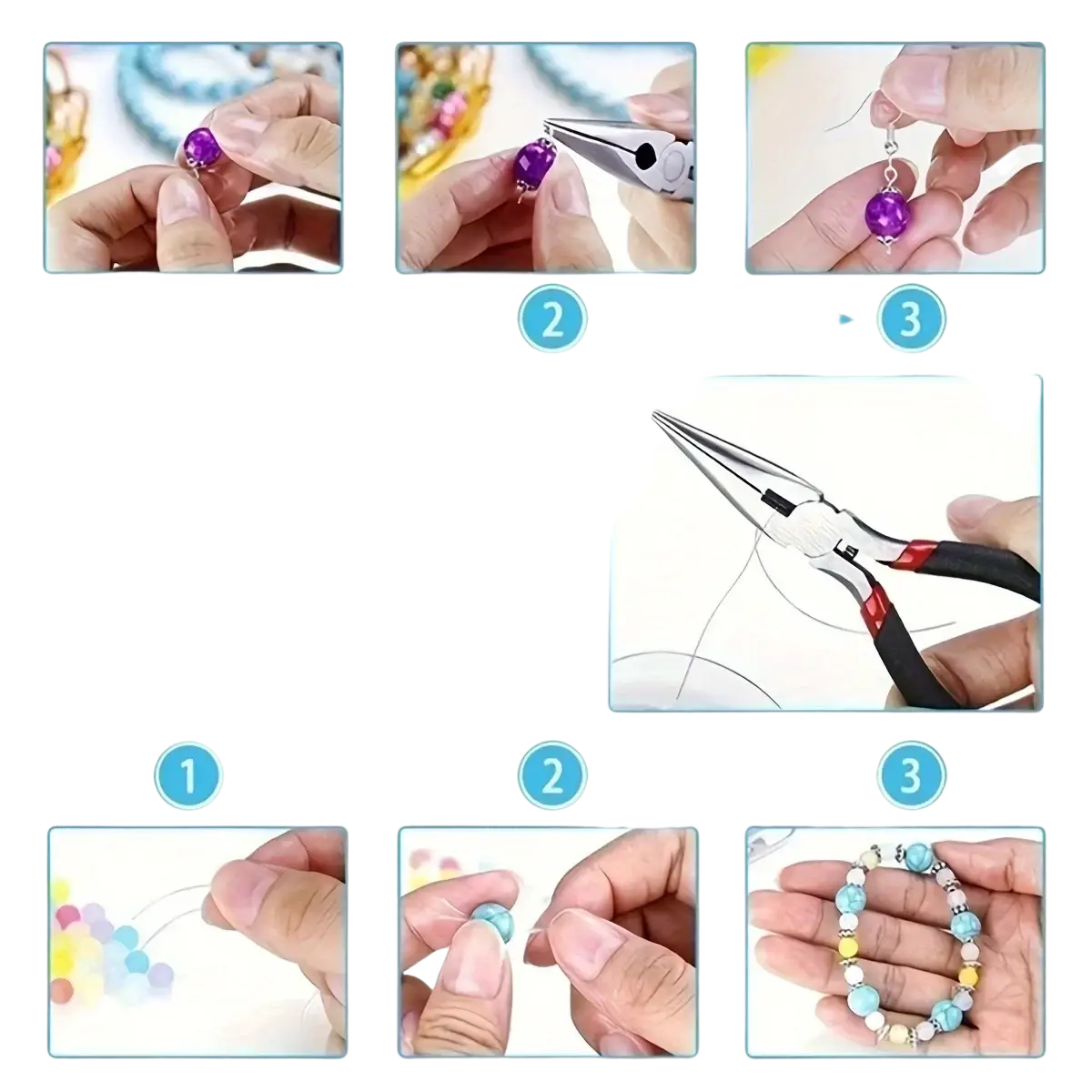 Diy jewelry making tool set 8-piece kit using pliers to attach a purple faceted bead to wire for craft projects