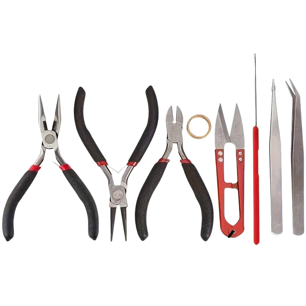 Red-handled jeweler’s shears with silver blades and red plastic handle featuring two circular cutouts from diy jewelry making tool set 8-piece kit