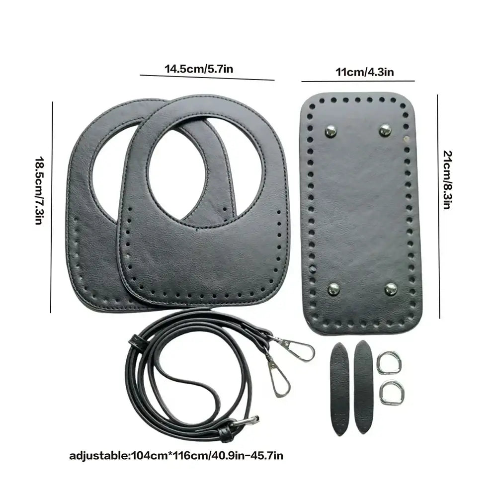 Diy leather handbag making kit featuring a black leather handbag with adjustable strap and metal hardware