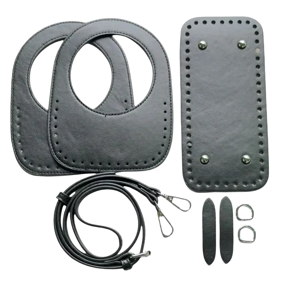 Diy leather handbag making kit 8-piece set with black leather panels adjustable strap metal hardware and decorative stitching