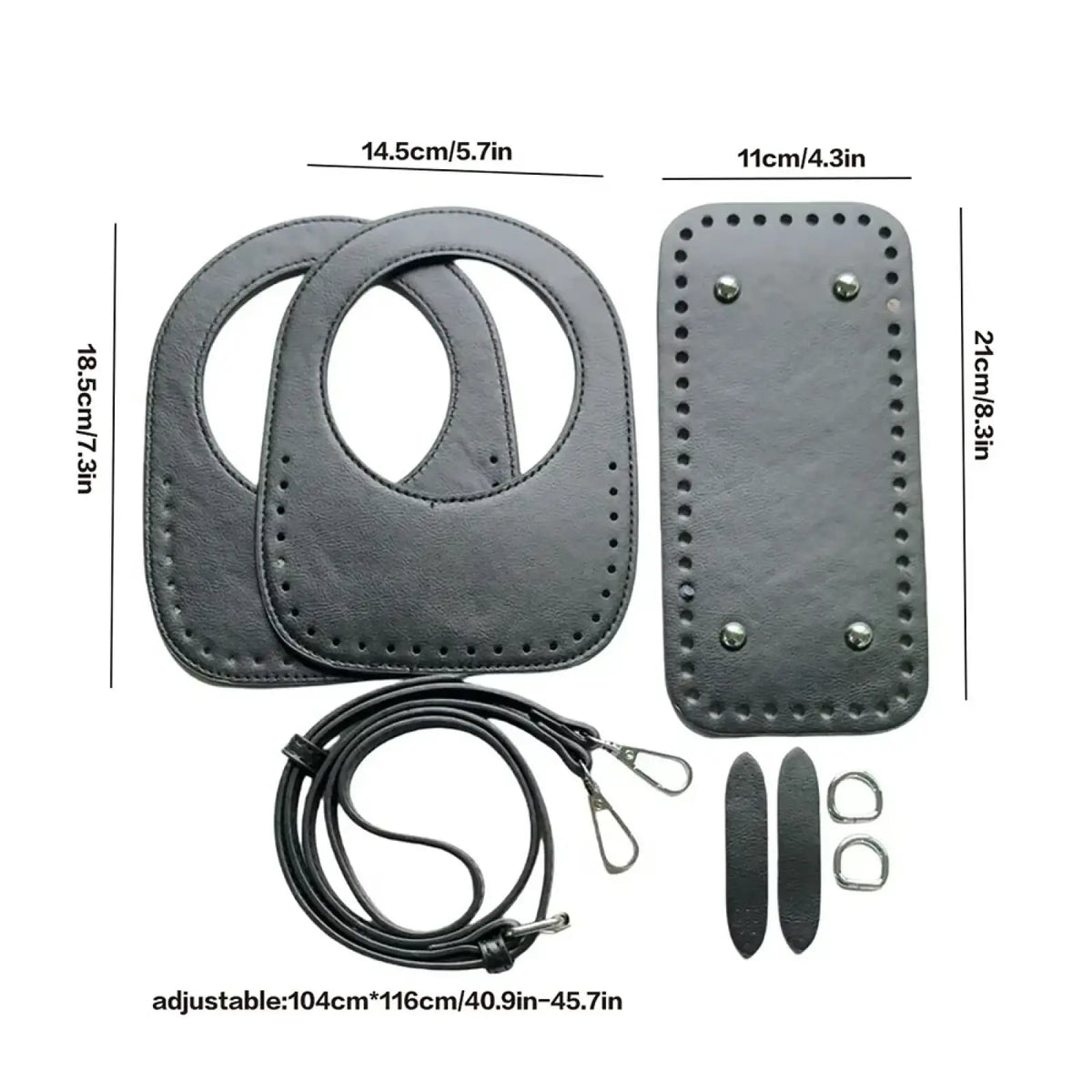 Diy leather handbag making kit featuring a black leather handbag with adjustable strap and metal hardware