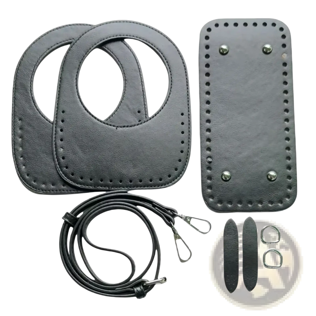Diy leather handbag making kit 8-piece set with black leather panels adjustable strap metal hardware and decorative stitching