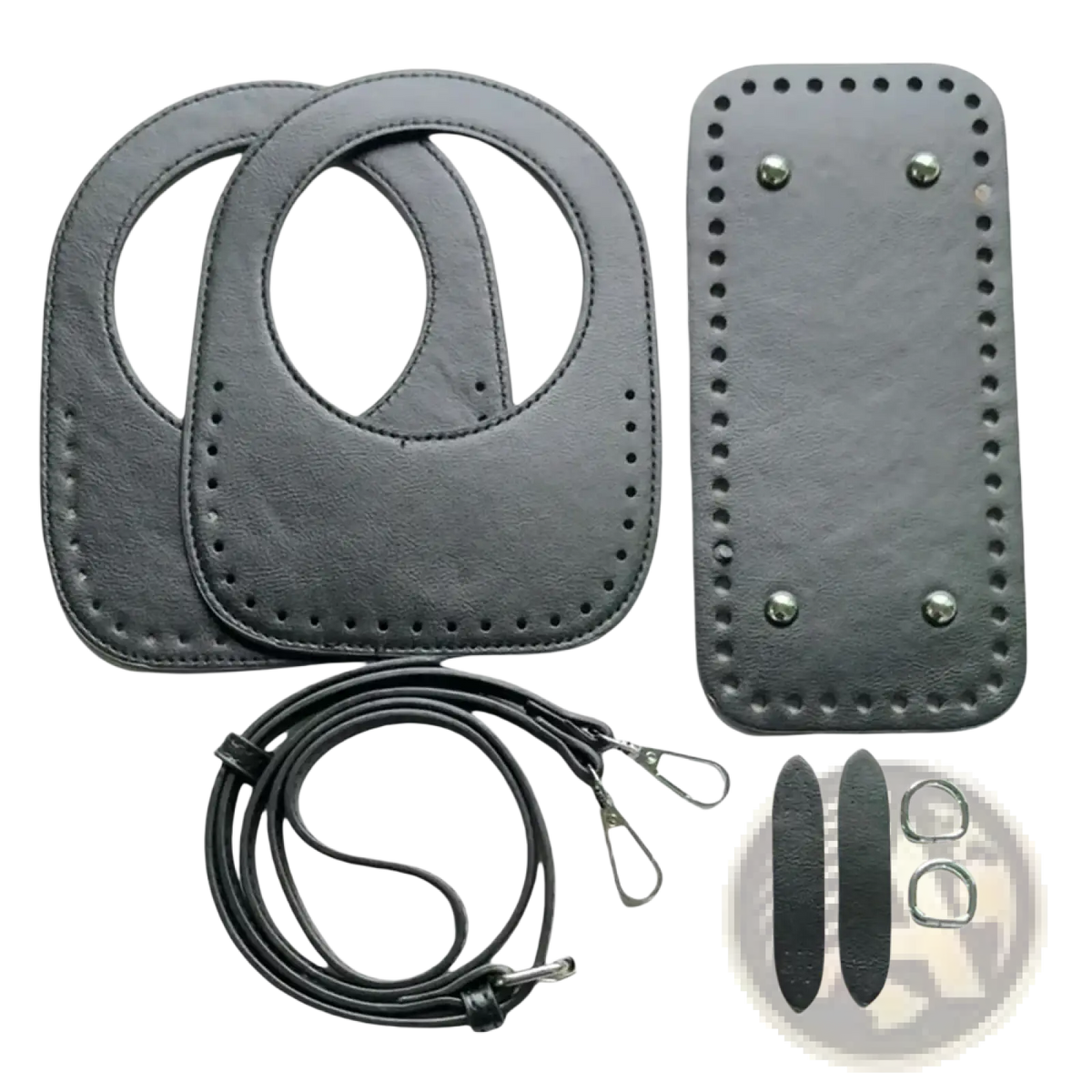 Diy leather handbag making kit 8-piece set with black leather panels adjustable strap metal hardware and decorative stitching