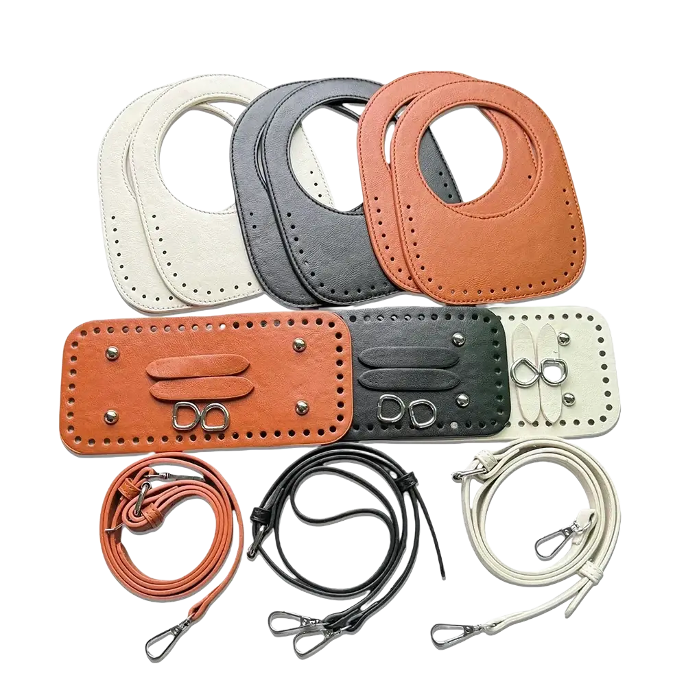 Diy leather handbag making kit 8-piece set with cream gray and terracotta leather components stitched with metal hardware