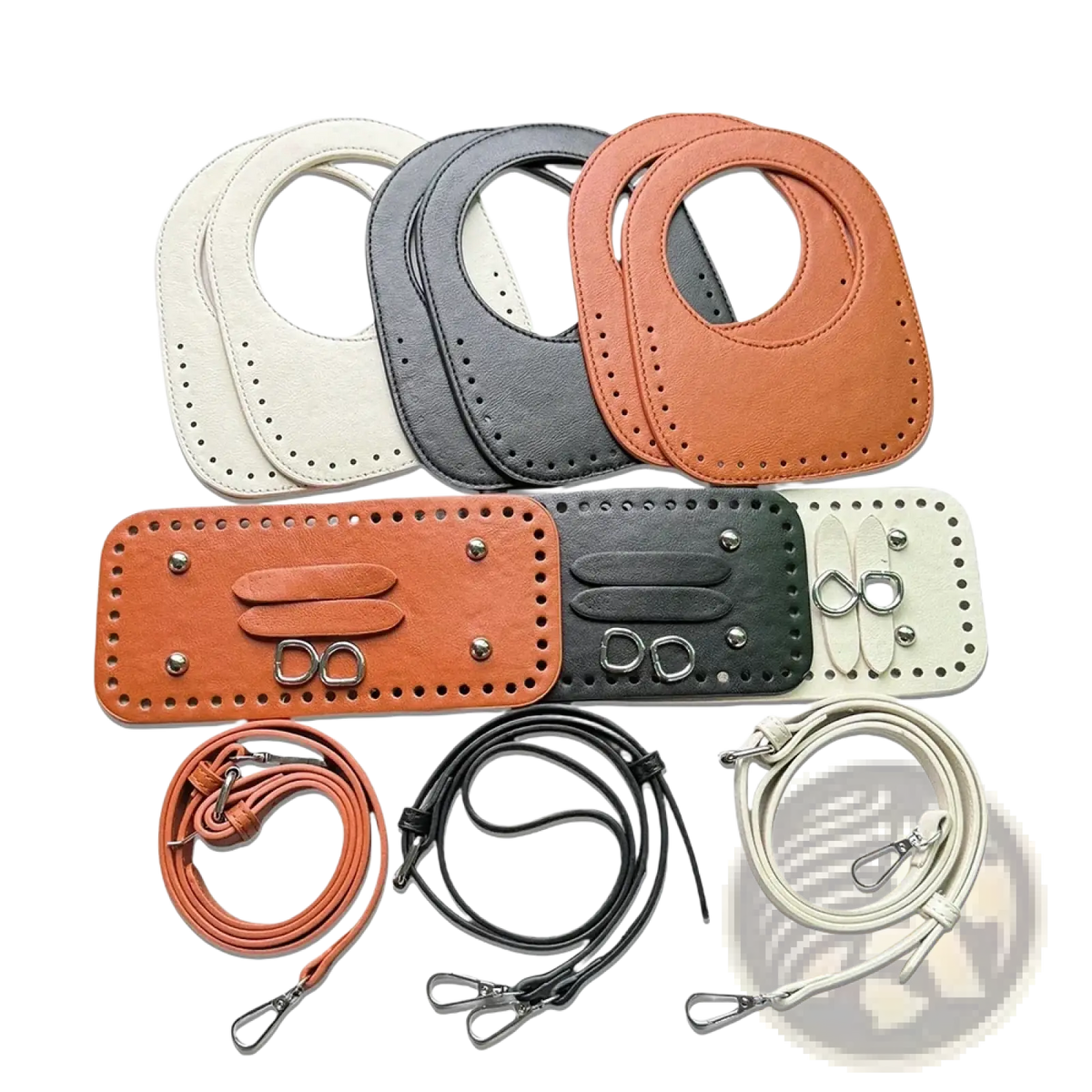 Diy leather handbag making kit 8-piece set with cream gray and terracotta leather components stitched with metal hardware