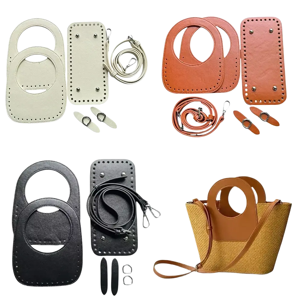 A tan woven tote bag with brown leather handle and shoulder strap from diy leather handbag making kit 8-piece set