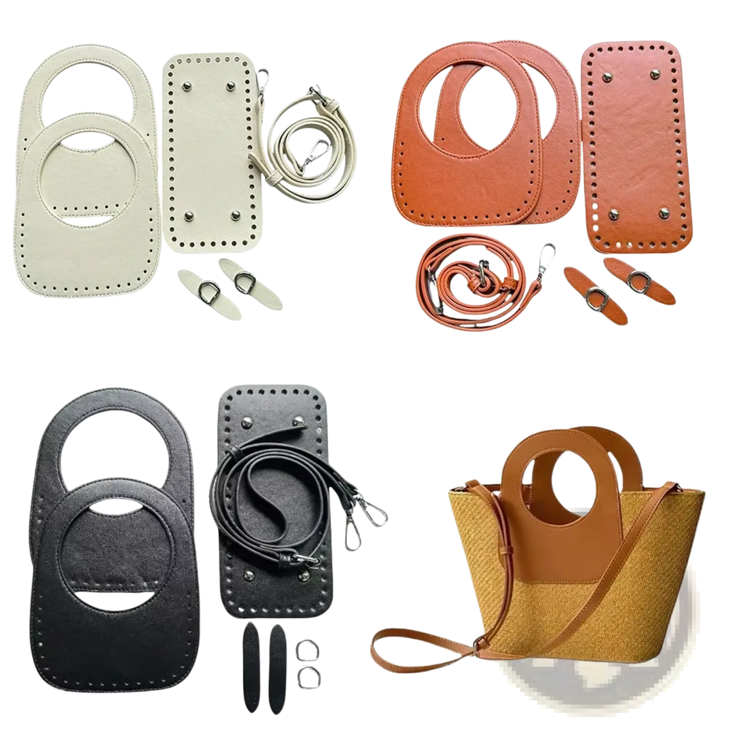 A tan woven tote bag with brown leather handle and shoulder strap from diy leather handbag making kit 8-piece set