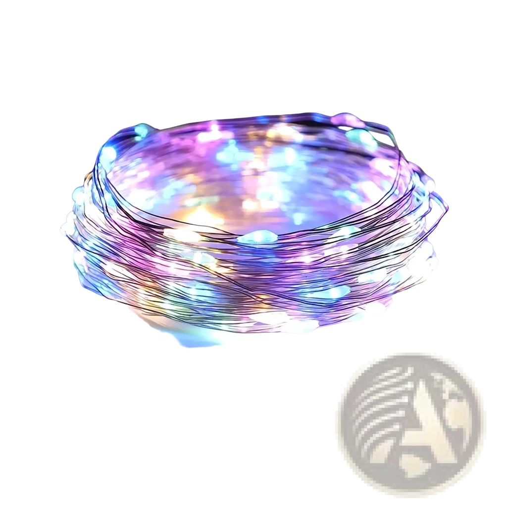 Coiled string of multicolored led fairy lights glowing softly for diy mesh christmas tree window decoration kit