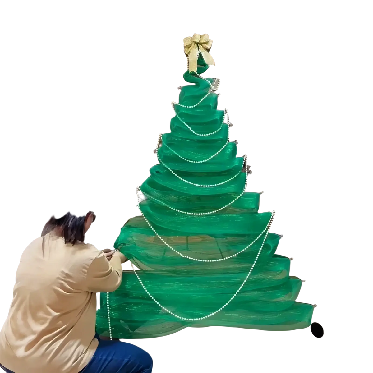 Diy mesh christmas tree window decoration kit featuring a festive green sheer mesh tree with white pearl garlands and gold bow topper