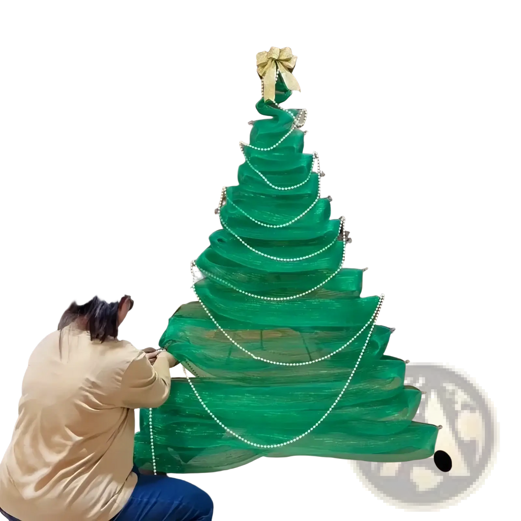 Diy mesh christmas tree window decoration kit featuring a festive green sheer mesh tree with white pearl garlands and gold bow topper
