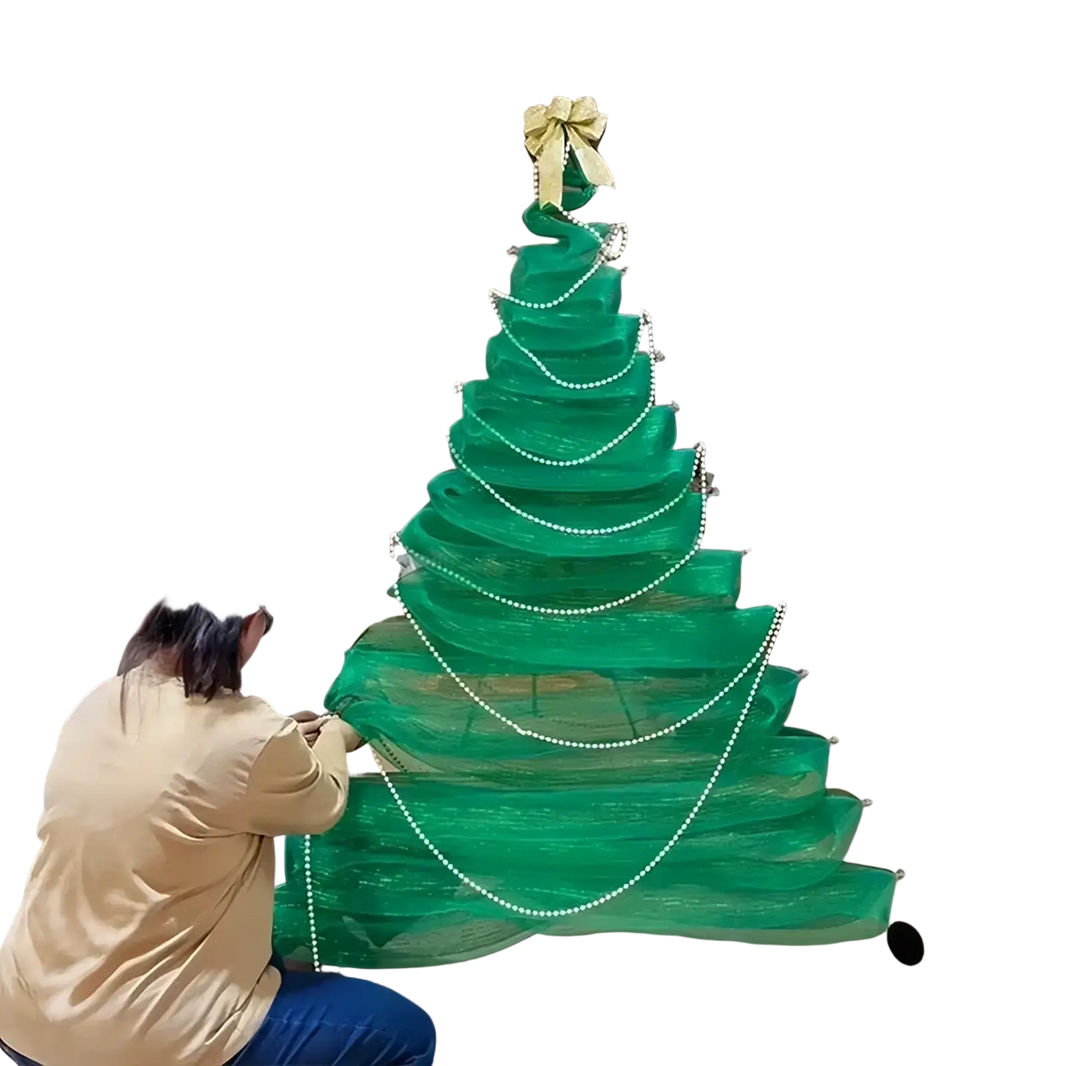 Green sheer mesh christmas tree with pearl garlands and gold bow for diy mesh christmas tree window decoration kit