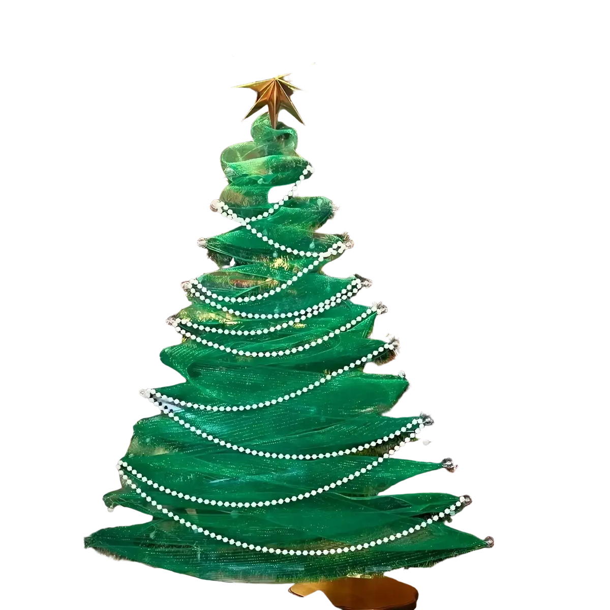 Translucent green mesh christmas tree decorated with white pearl beads and a golden star for christmas tree window decor