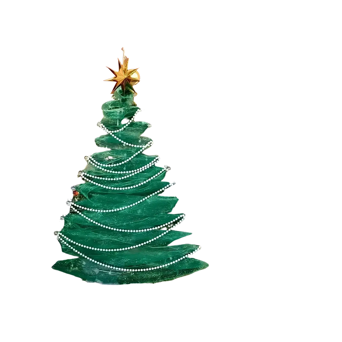A translucent green mesh christmas tree ornament with white pearl beads and a golden star for christmas tree window decoration