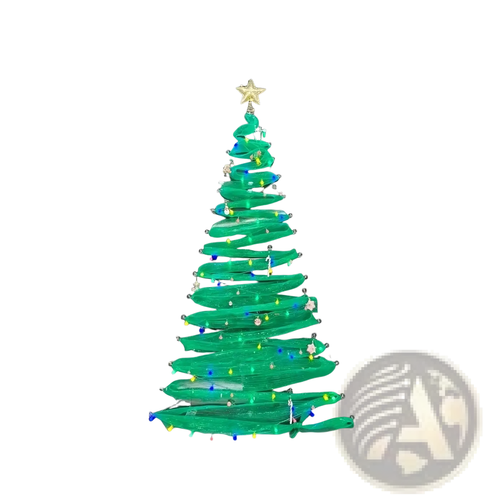 Diy mesh christmas tree window decoration kit featuring a translucent green spiral tree with colorful lights and golden star topper