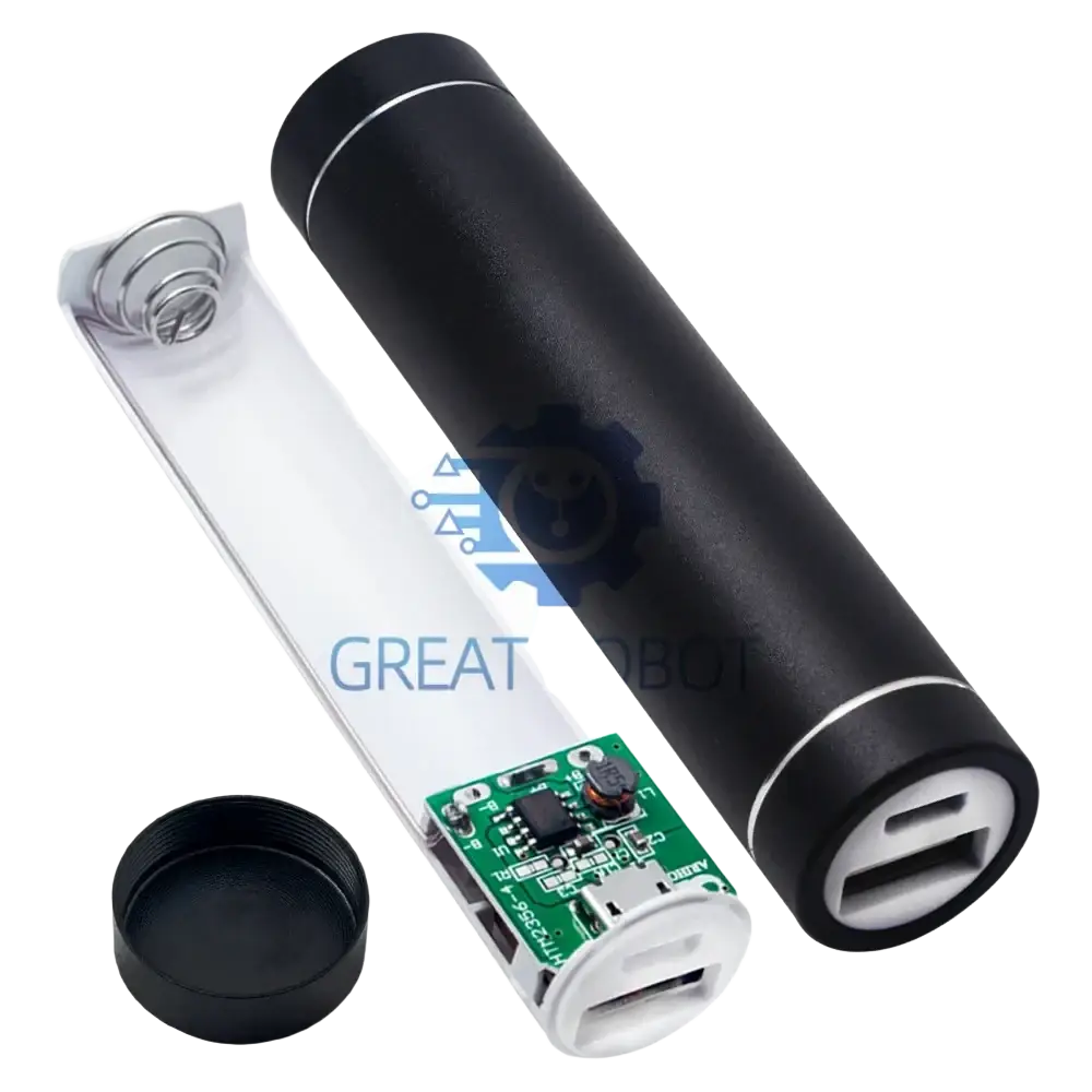 Black cylindrical diy metal power bank kit with silver accents dual usb ports and output input5v usb charger