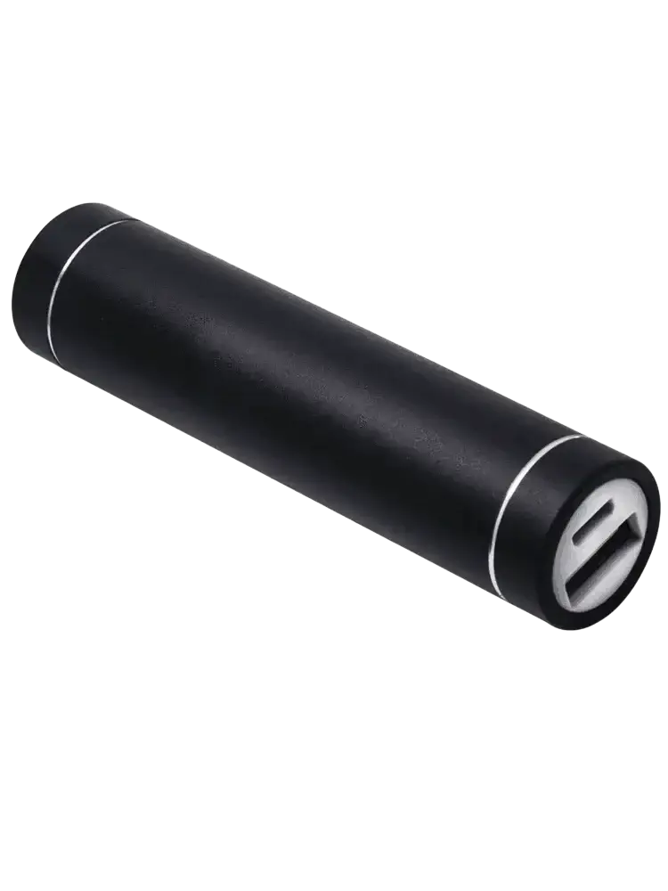 Black cylindrical metal power bank with matte finish silver accent rings and input5v usb charger port