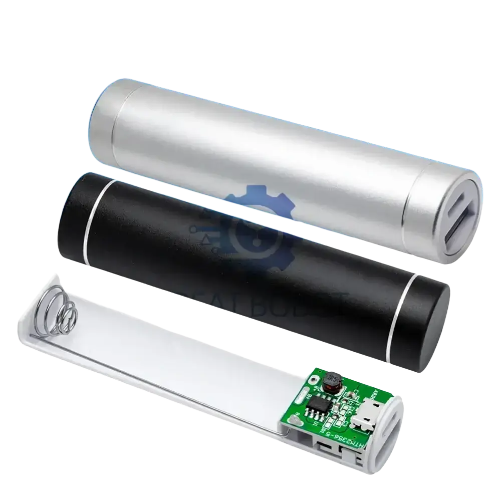 Silver and black metal power bank kit with cylindrical design and output input5v usb charger ports visible