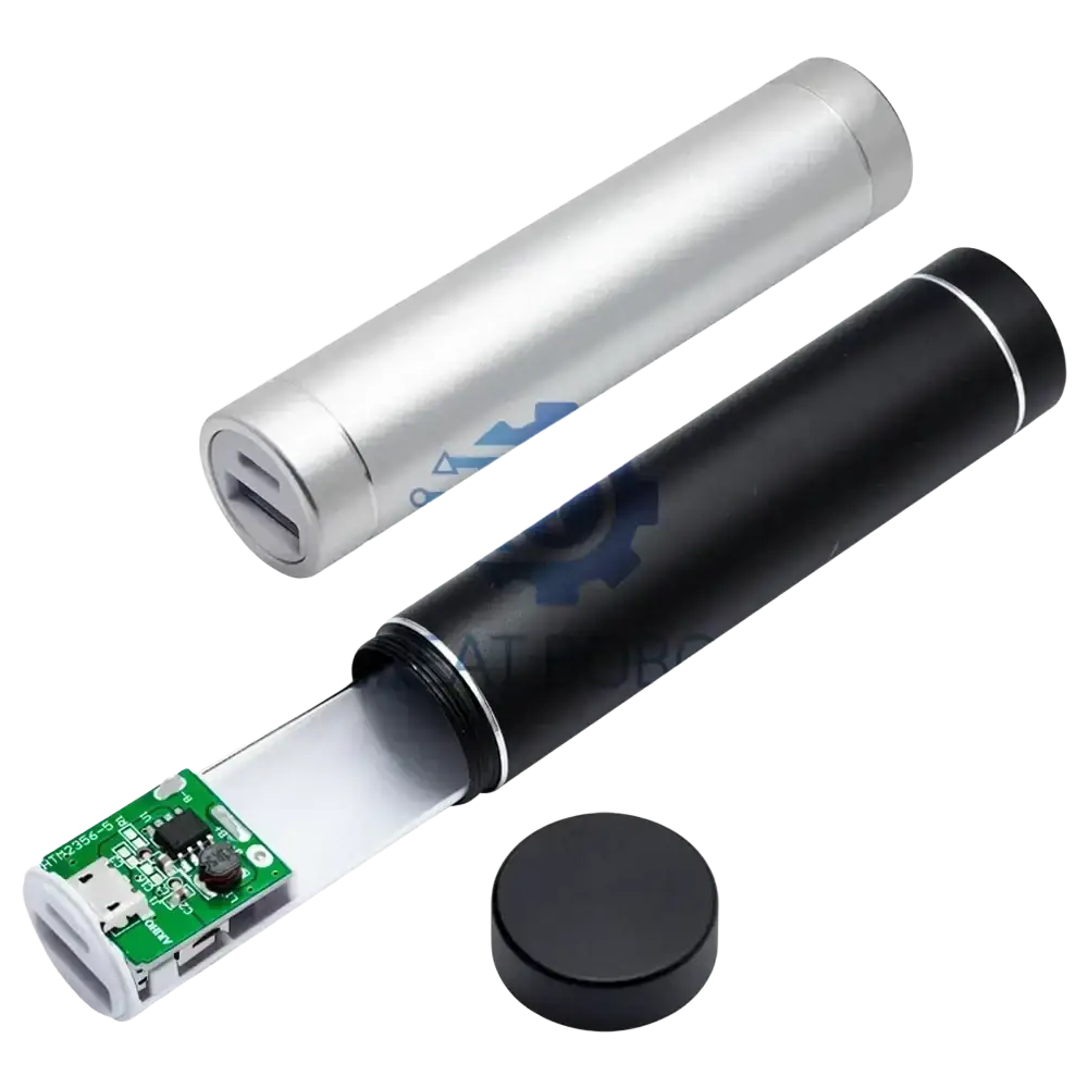 Silver and black metal power bank kit with sleek cylindrical design and output input5v usb charger port