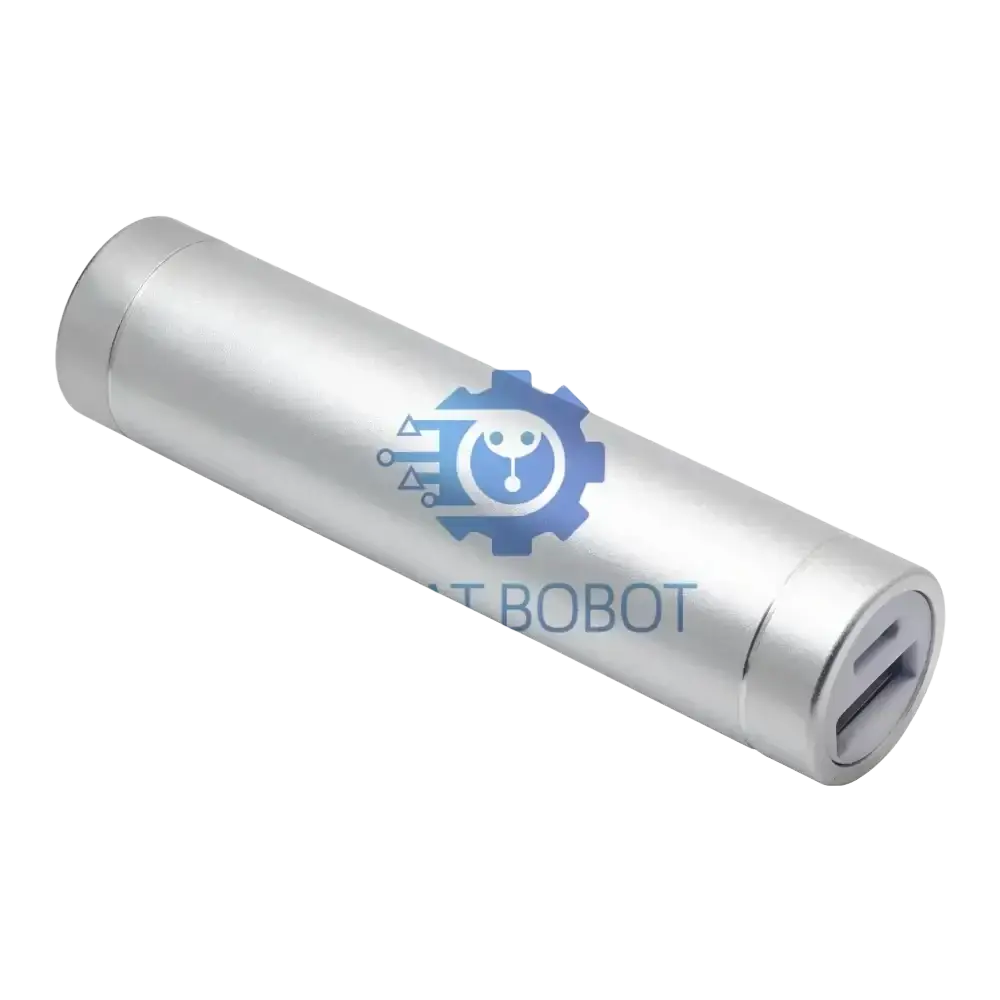 Silver metal power bank diy kit featuring a cylindrical design with blue gear logo and usb input5v port on one end
