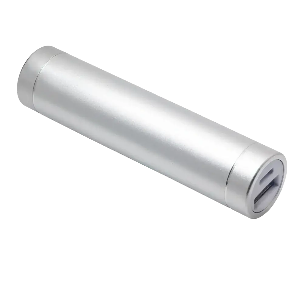 Silver cylindrical diy metal power bank kit with sleek metallic finish and usb port for input5v charging