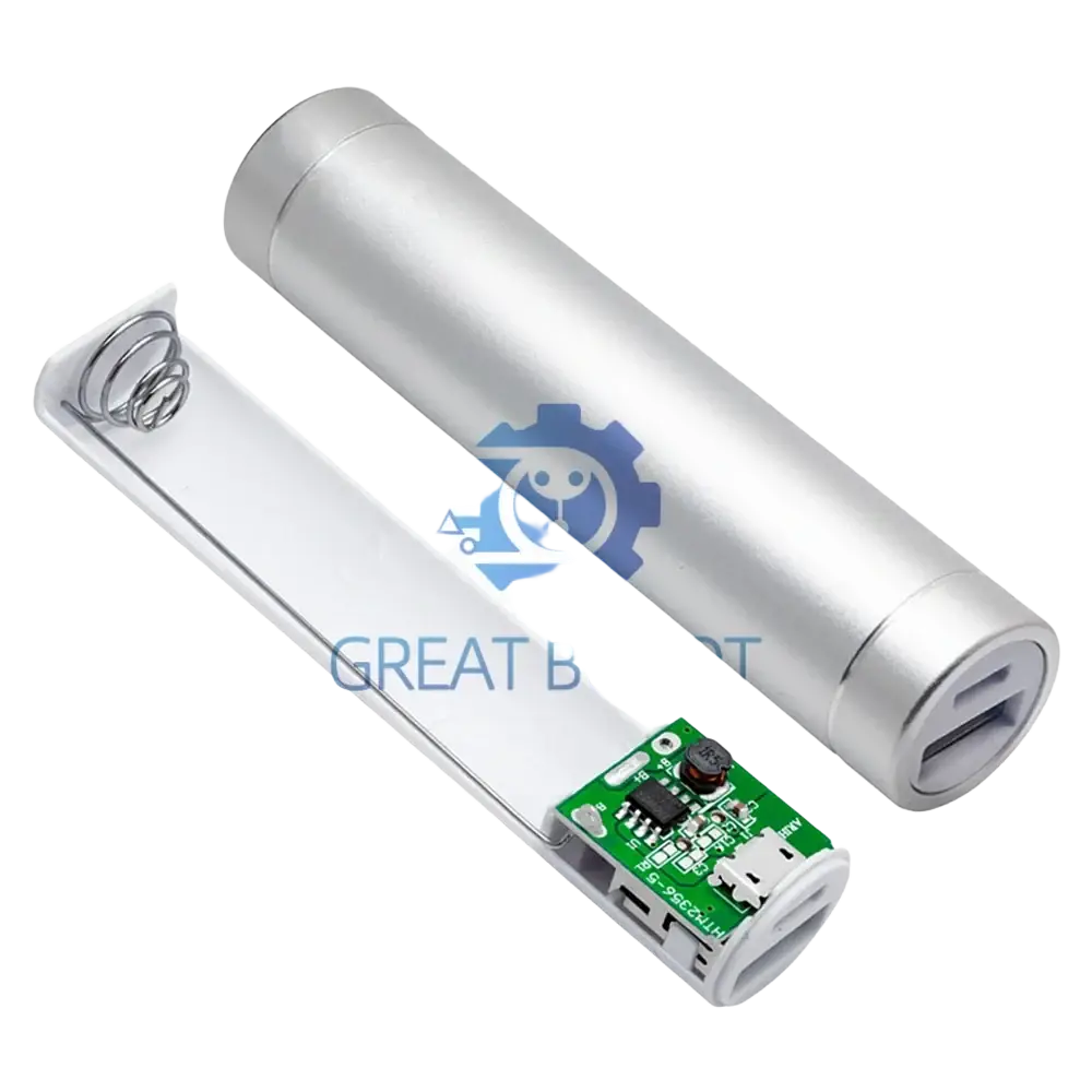 Silver metal diy power bank kit with dual usb ports and visible internal circuit board supports input5v and output input5v