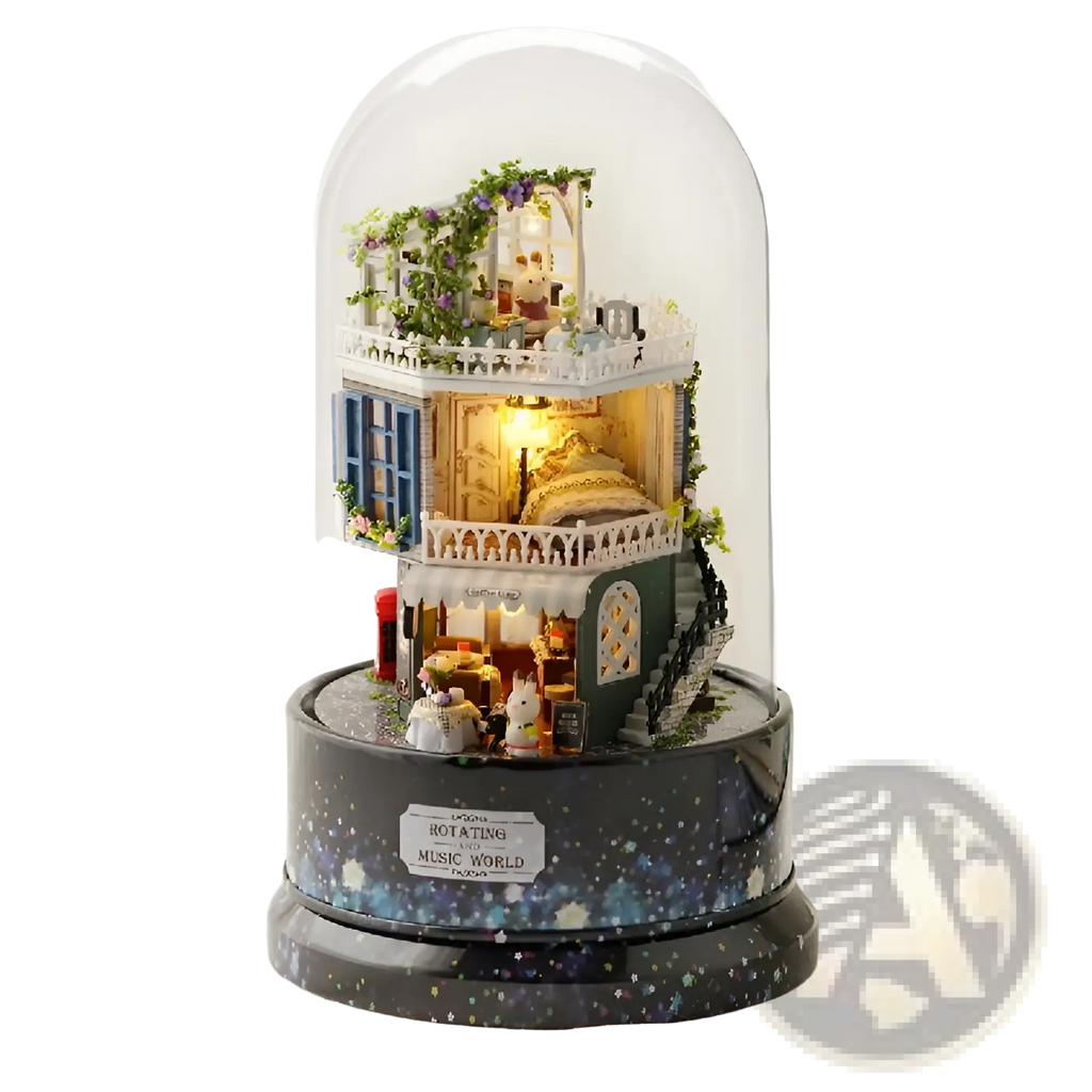 Diy miniature glass dome rotating music box house with blue shutters green ivy and intricate multi-level details