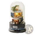 Diy miniature glass dome rotating music box house with blue shutters green ivy and intricate multi-level details