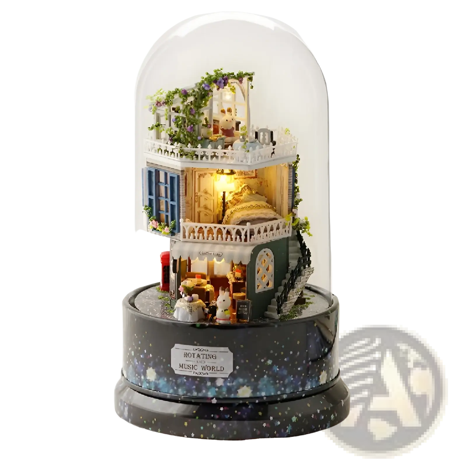 Diy miniature glass dome rotating music box house with blue shutters green ivy and intricate multi-level details