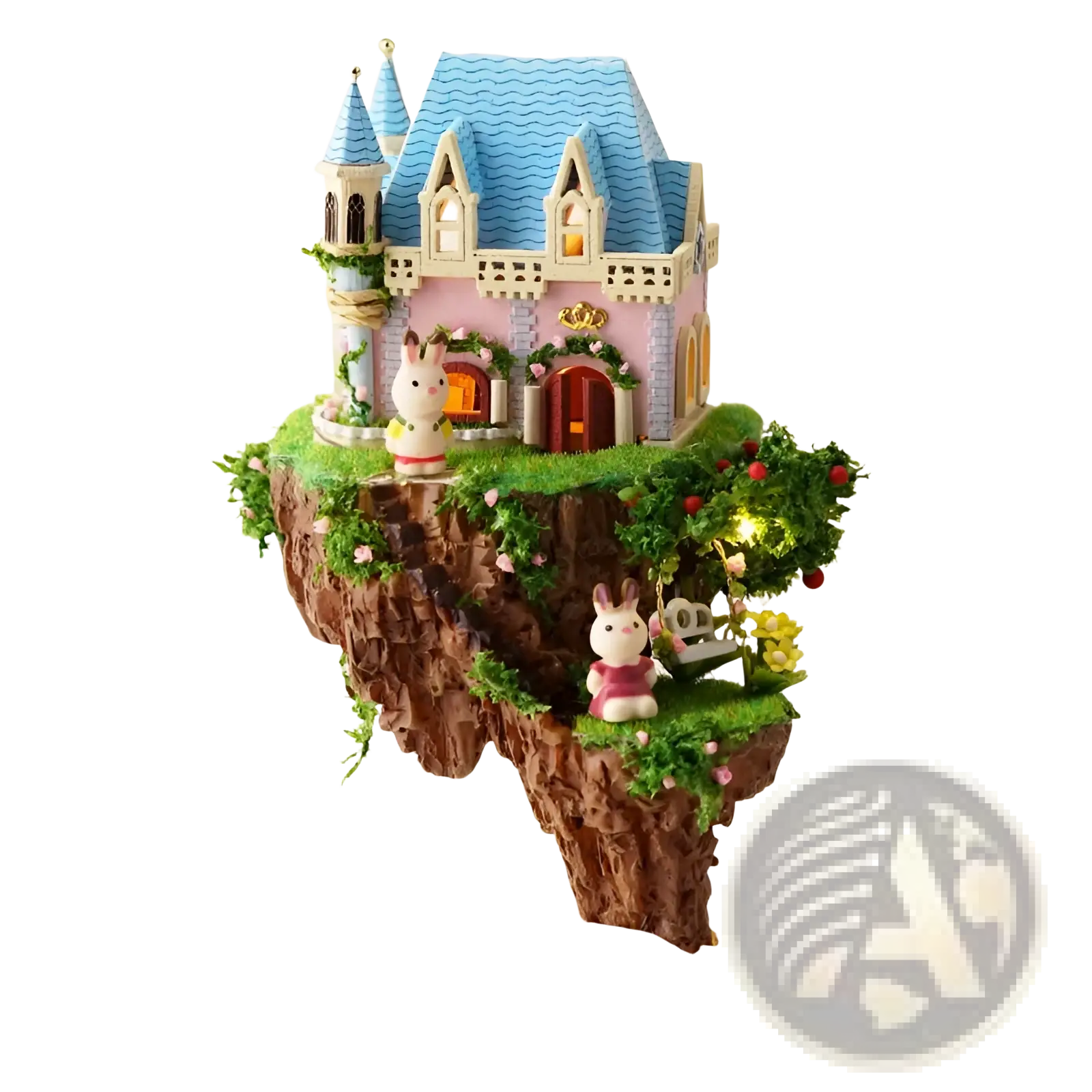 Diy miniature glass dome rotating music box house with whimsical pink walls blue roof on rocky cliff with rabbits and greenery
