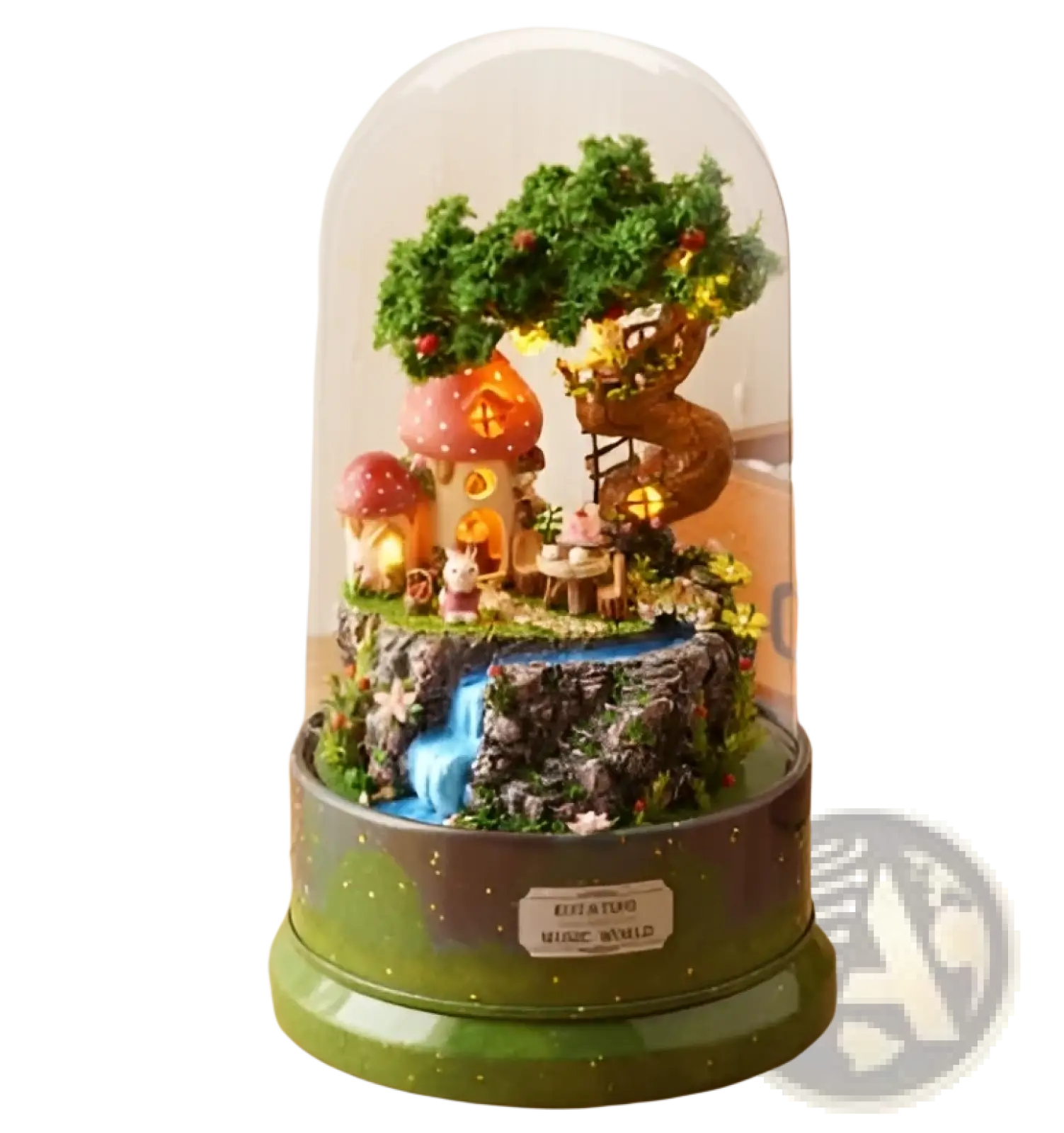 Diy miniature glass dome rotating music box house with green glass dome featuring glowing treehouse and waterfall scene