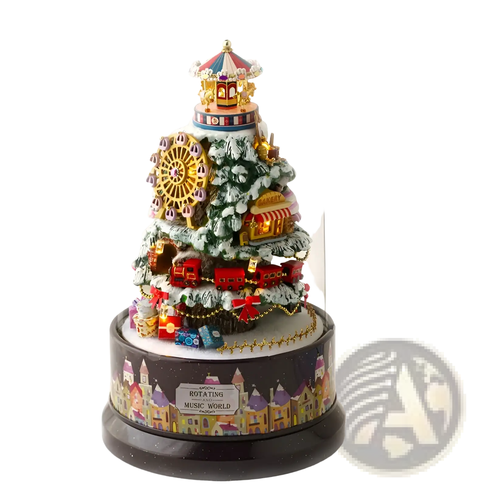 Diy miniature glass dome rotating music box featuring a snow-dusted evergreen with golden ferris wheel and red train details