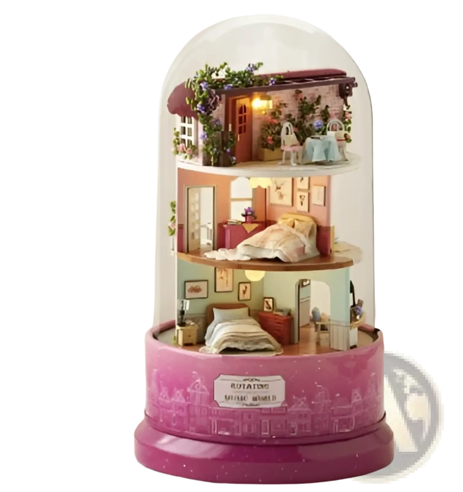 Diy miniature glass dome rotating music box house in pink with detailed interior rooms and furniture on matching base