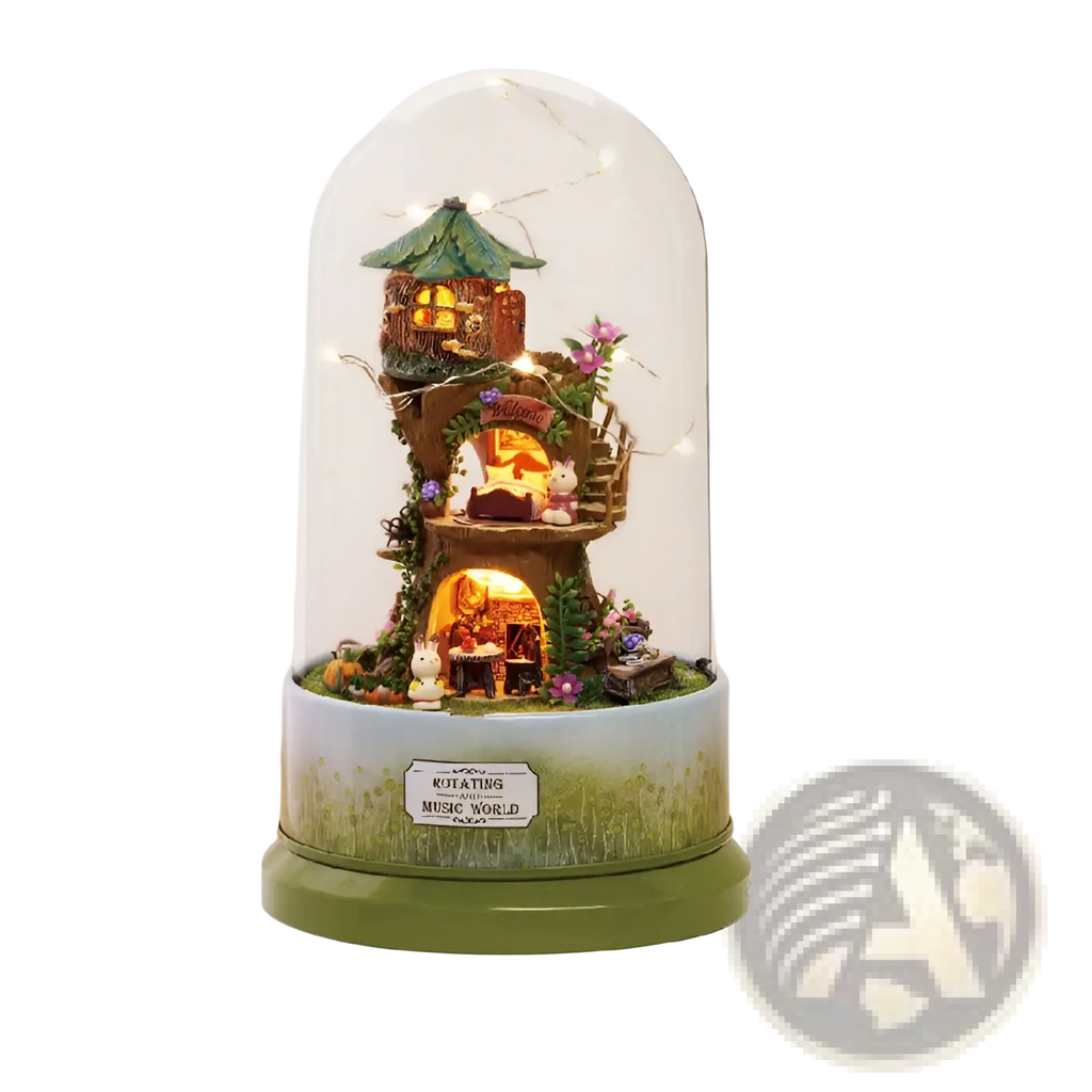 Diy miniature glass dome rotating music box featuring an illuminated treehouse with green roof and warm lights