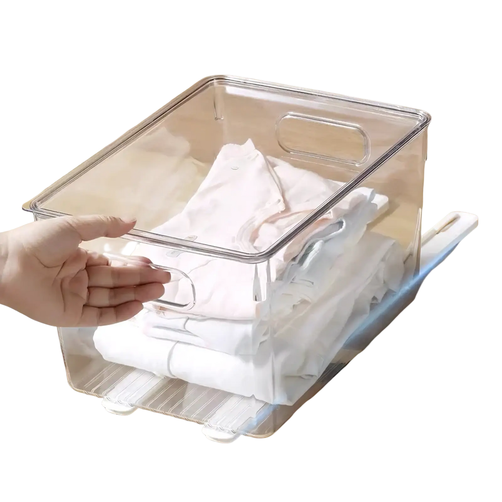 Clear plastic DIY storage basket track drawer organizer with integrated handles and sliding mechanism