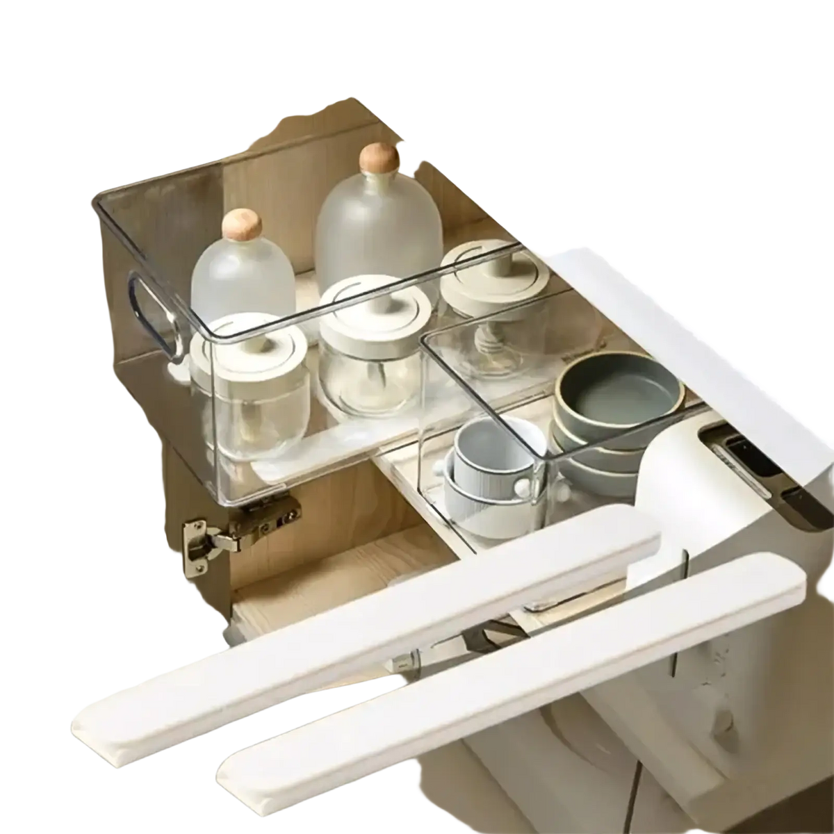 Clear acrylic diy plastic storage basket track drawer organizer with white handles and dividers for kitchen or office use