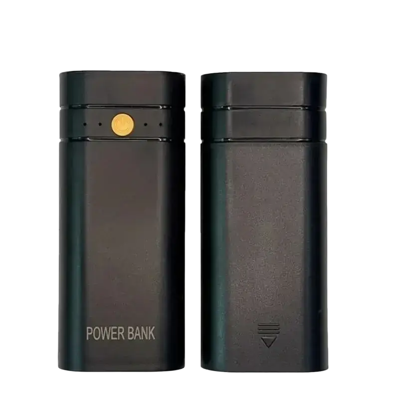 Black rectangular diy power bank box with matte finish, gold button, indicator lights, and usb type-c charging port