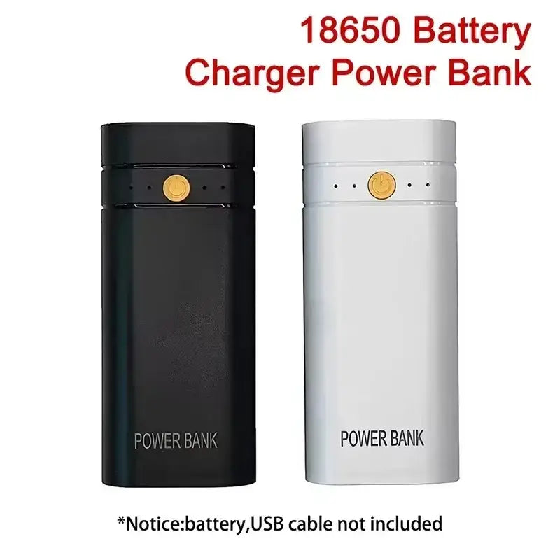 Black and white cylindrical 18650 diy power bank box usb type-c battery charger with gold circular buttons