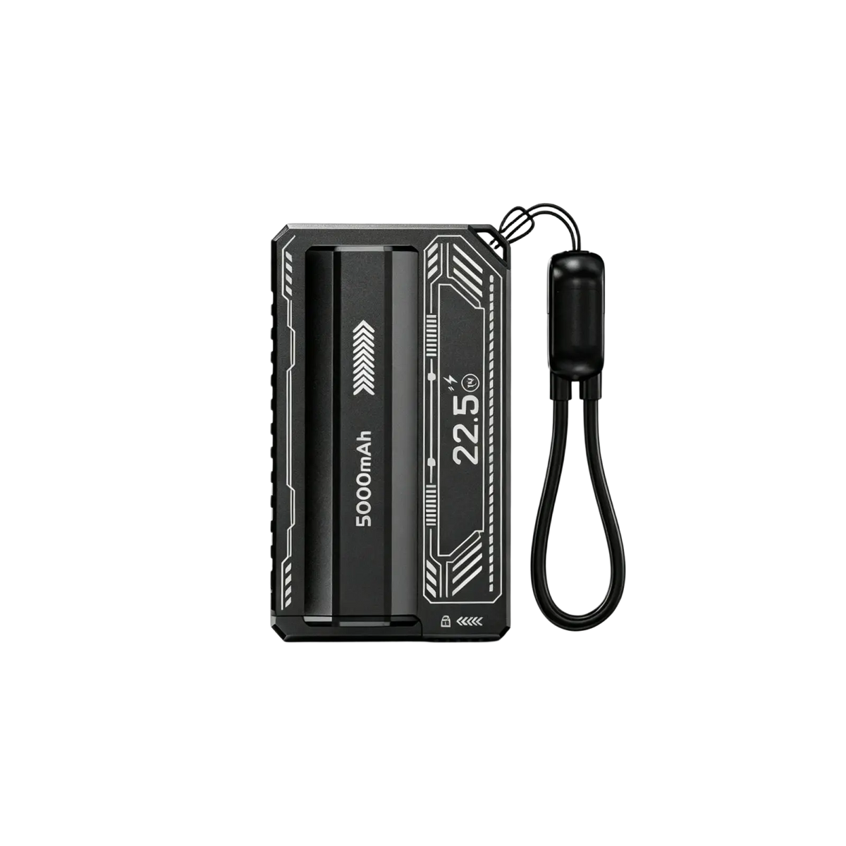 Black diy power bank case with silver circuit patterns and wrist strap designed for 22.5w fast charging power bank