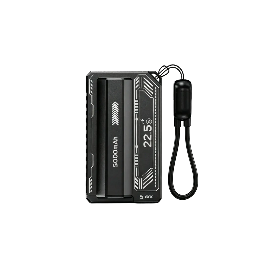 Black rectangular diy power bank case with silver geometric accents and detachable wrist strap for fast charging bank case