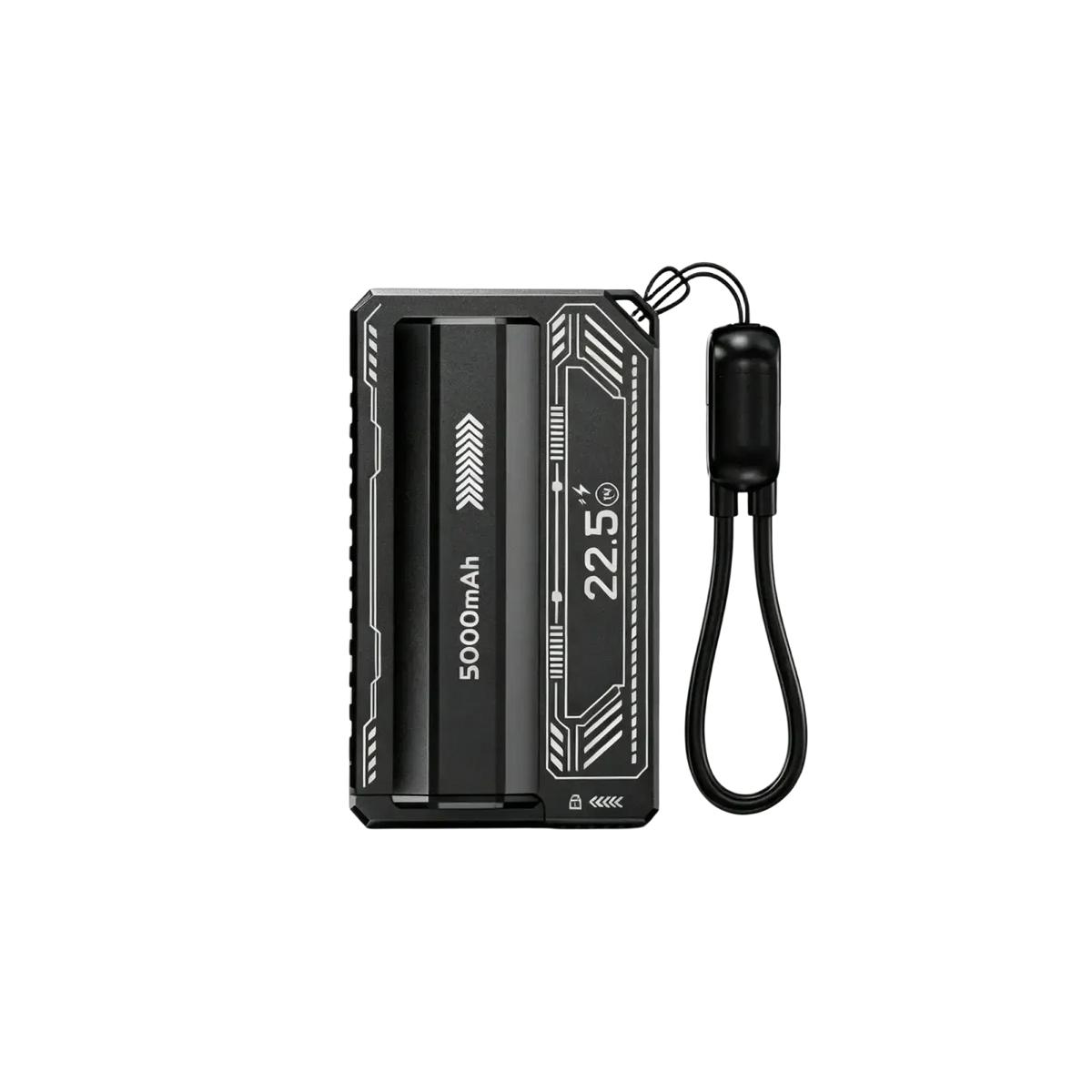 Black rectangular diy power bank case with silver geometric accents and detachable wrist strap for fast charging bank case