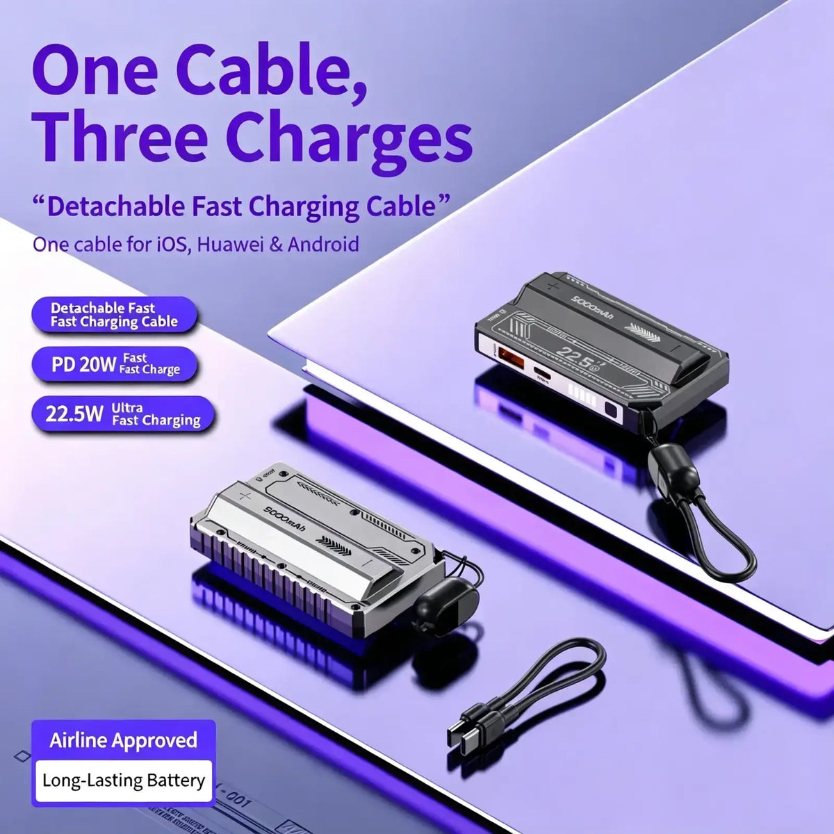 Black and silver detachable fast charging cable for diy power bank case with 22.5w pd ultra-fast charging support