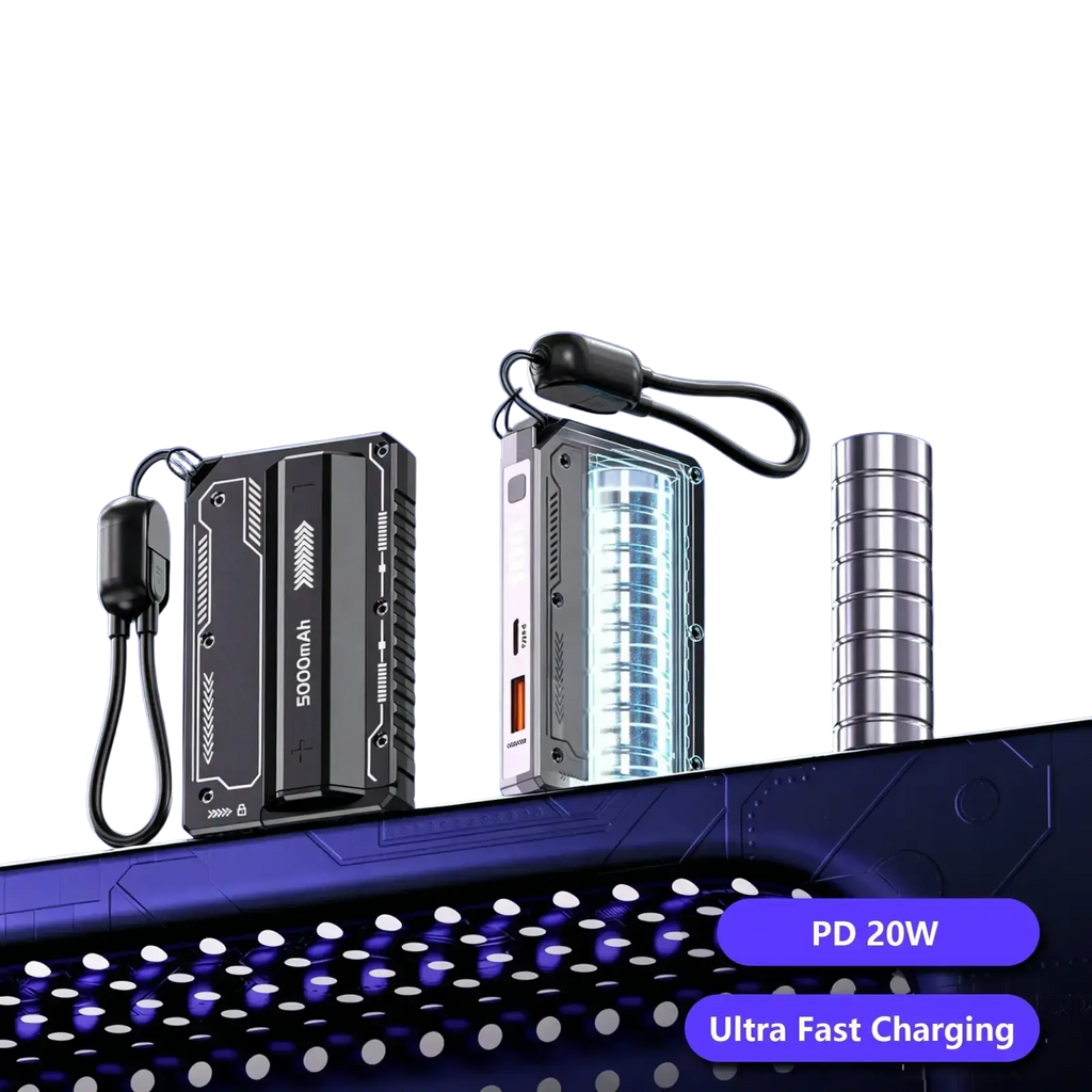 Black and silver detachable power bank case with sleek angular edges and white accents fast charging shell design
