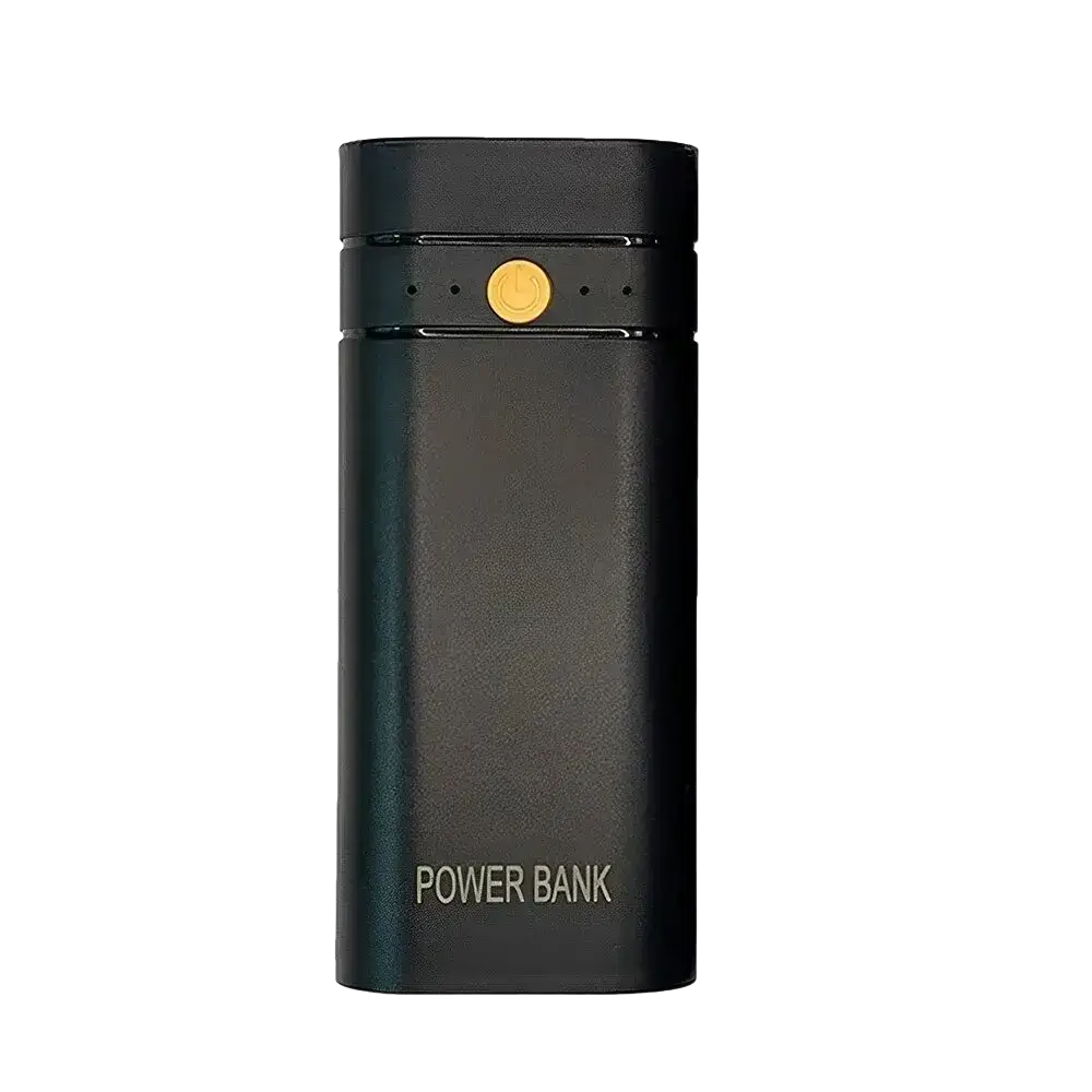 Black matte power bank with gold button and usb type-c port designed as a diy charging box with 18650 charger
