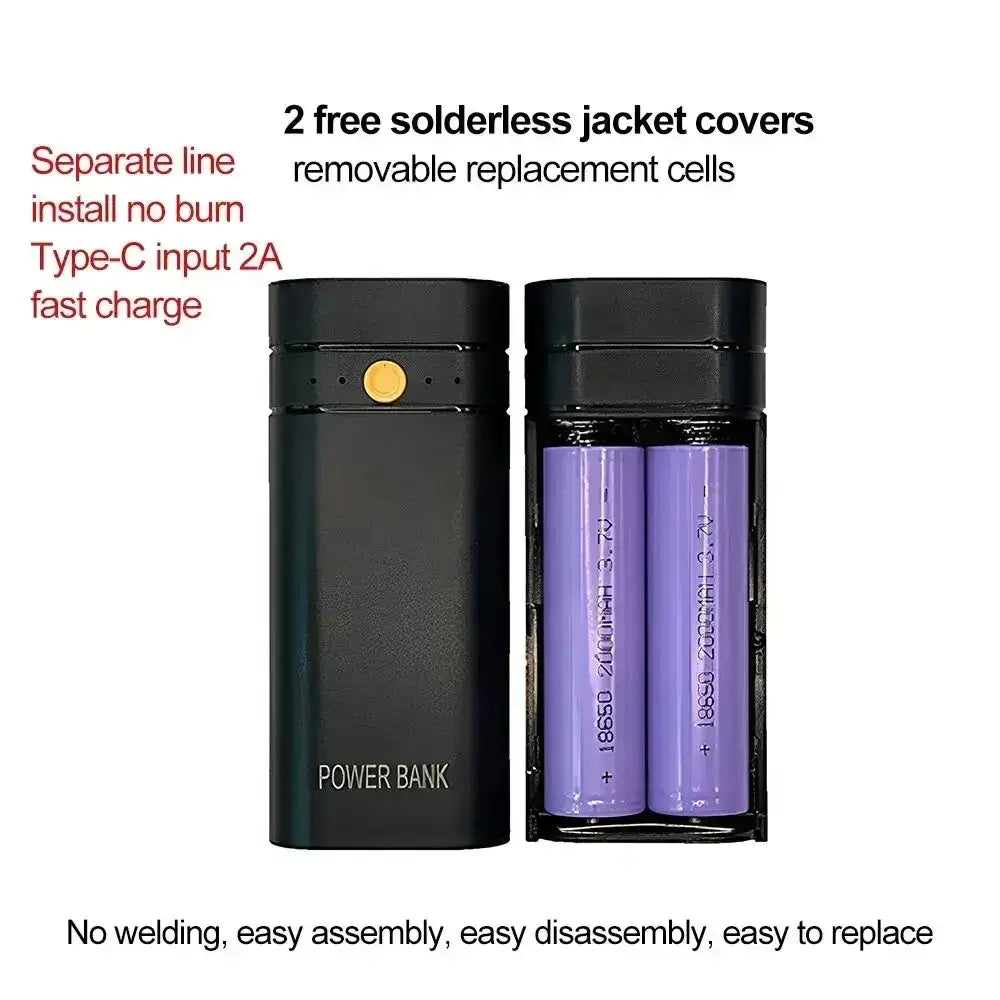 Black rectangular diy power bank case with gold button usb type-c shown with open view of two purple 18650 batteries