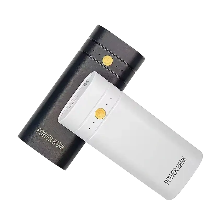 Black and white diy power bank case usb type-c charger with gold buttons and power bank label on the side cylindrical design